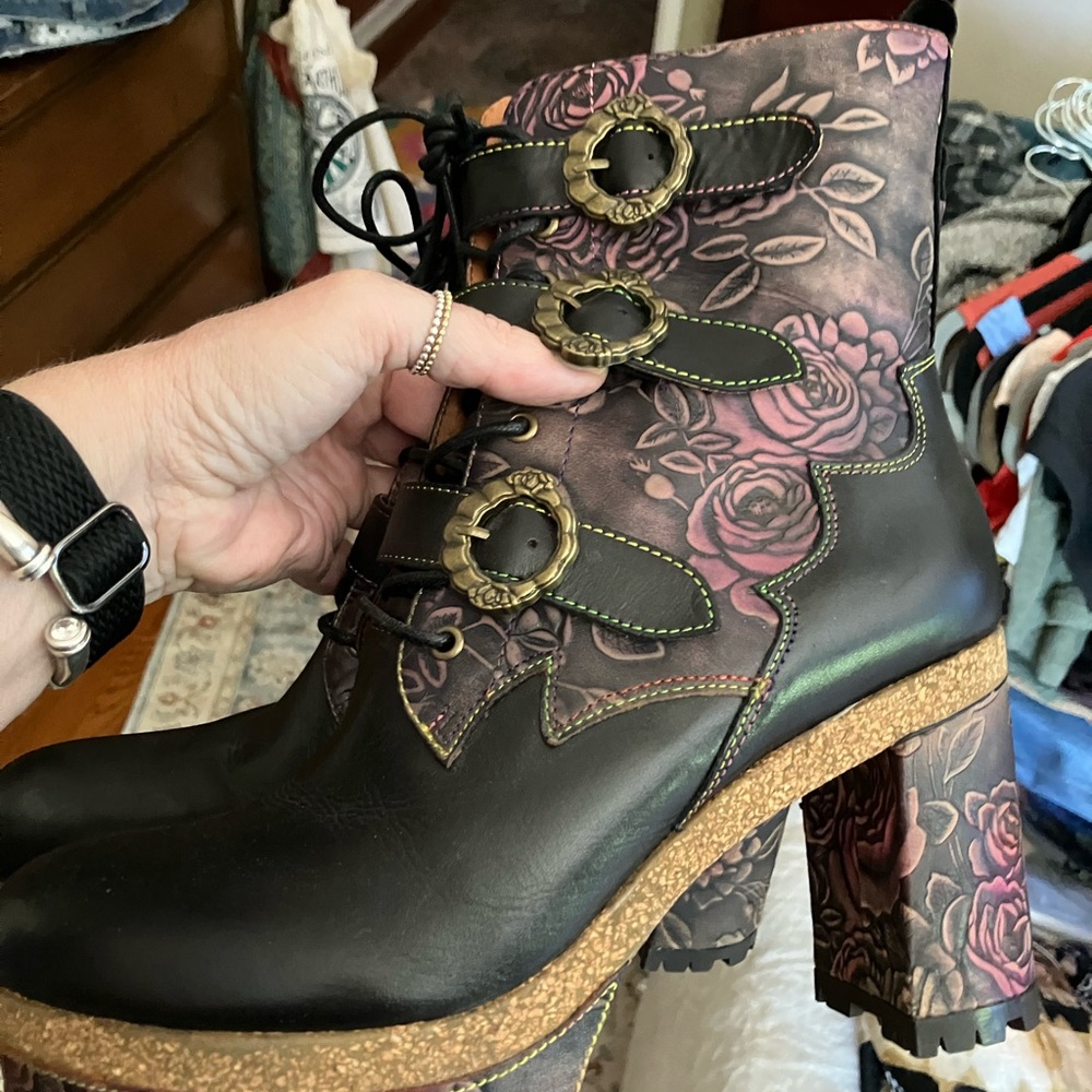 Floral Embossed Black Leather Ankle Boots with Pink Rose Detail
